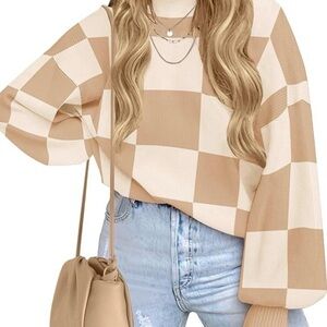 Elegant Beige and Cream Checkered Sweater